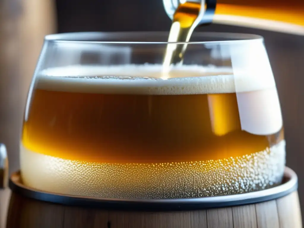 Cerveza dorada en vaso de vidrio+- Entre Tanques y Barriles - Cerveza dorada y burbujeante en un vaso sobre barril de madera