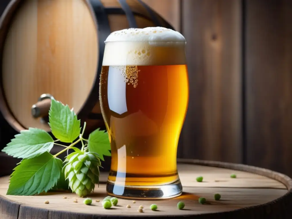 Cerveza dorada y efervescente en barril de madera Imagen: Cerveza dorada en vaso rodeada de lúpulo y cebada