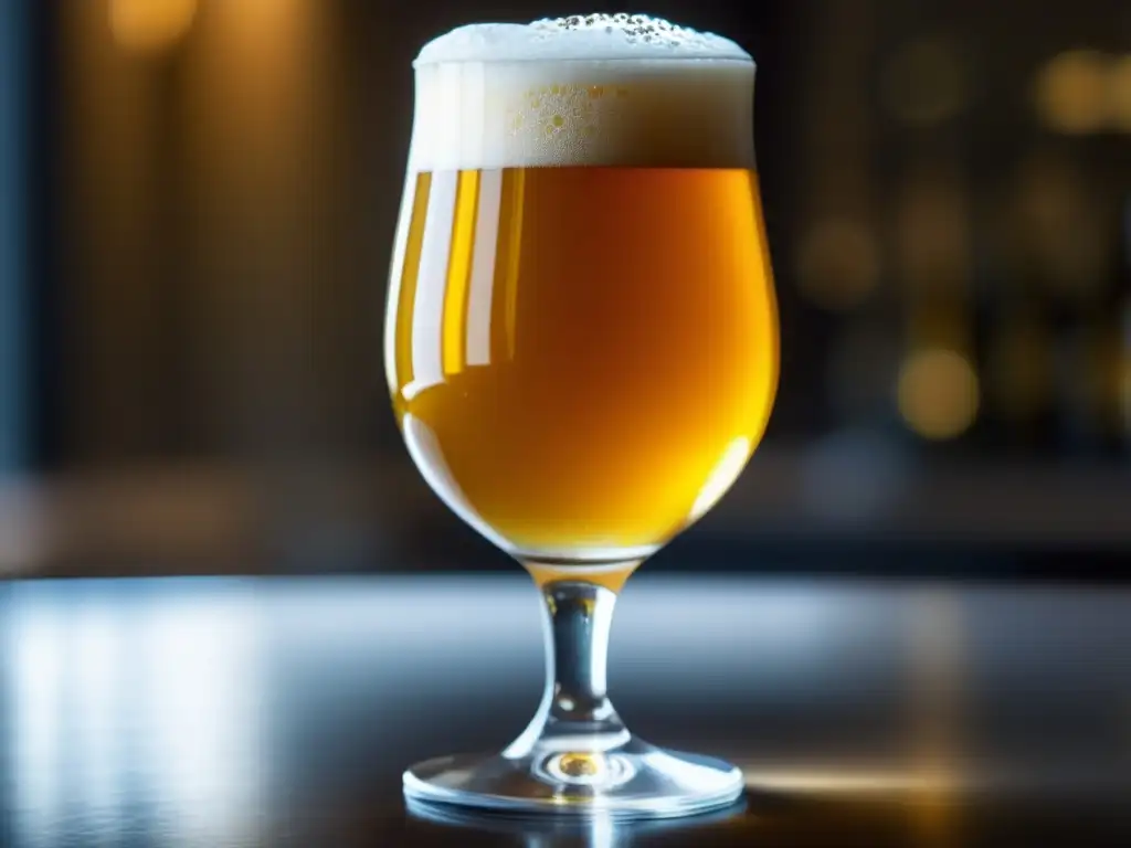 Cerveza dorada en copa elegante Vasos y copas: Cerveza dorada en copa tulipa con espuma cremosa