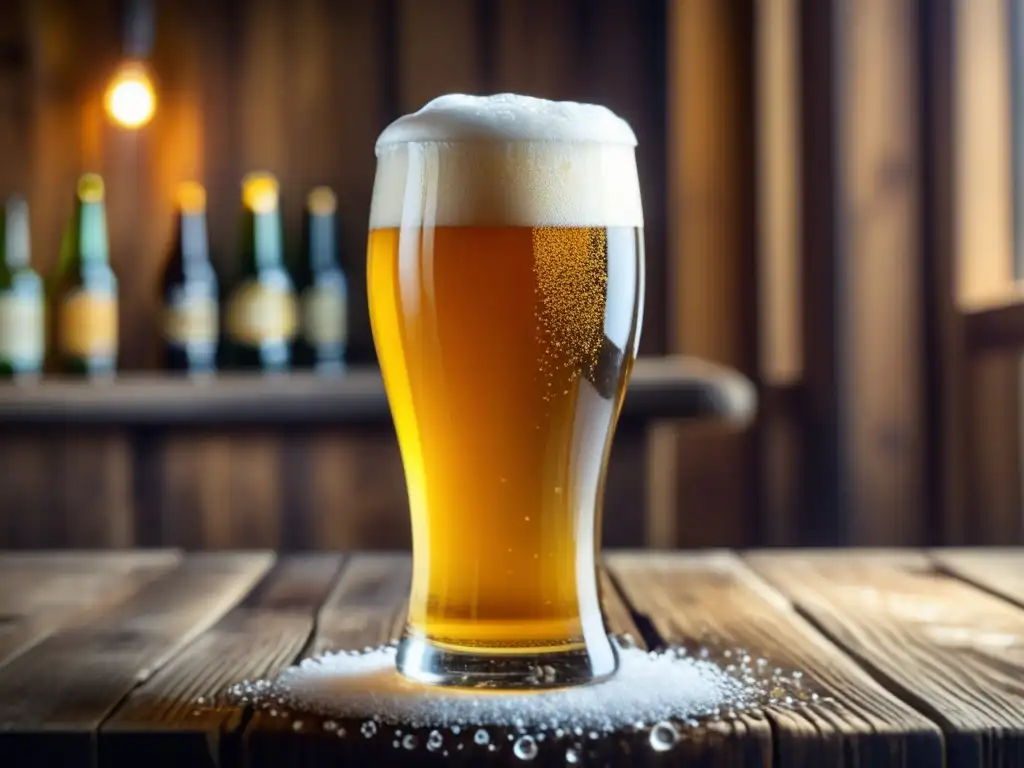 Copa de cerveza dorada con burbujas y espuma en una mesa de madera rústica