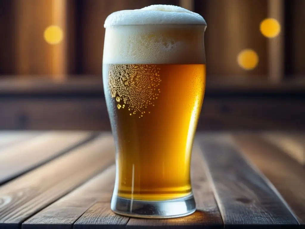 Aplicaciones útiles: Cerveza dorada con una espuma abundante en una mesa de madera