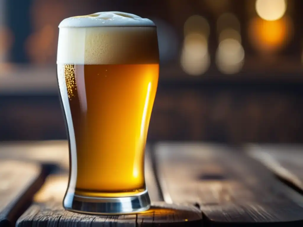 Cerveza dorada con espuma cremosa en mesa de madera - Levadura, claridad y experticia en la fermentación de la cerveza
