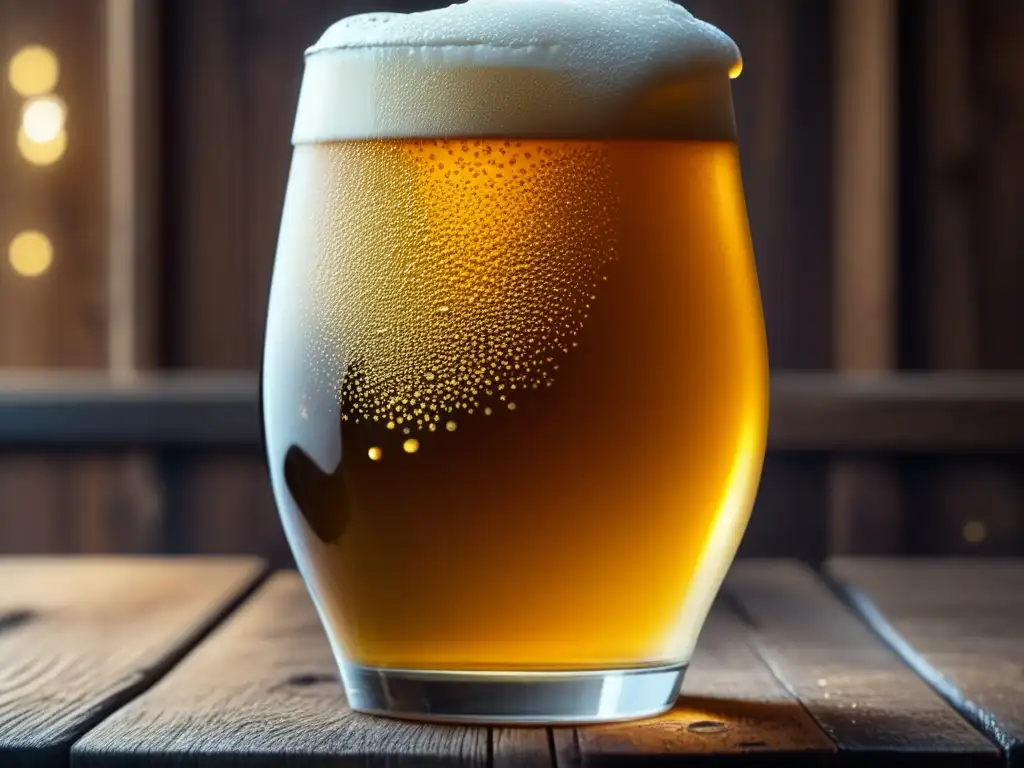Explora y degusta: cerveza dorada y espumosa en un vaso sobre mesa de madera rústica