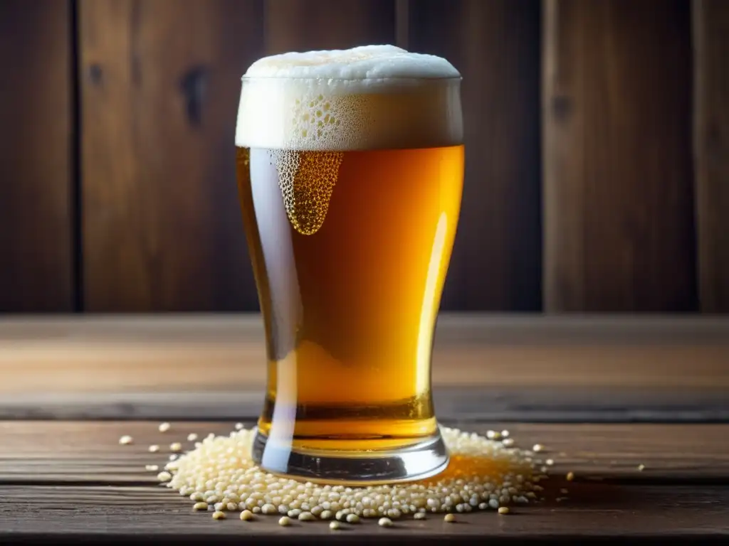 Cerveza dorada en mesa rústica Imagen de cerveza dorada con espuma y condensación, rodeada de granos de cebada