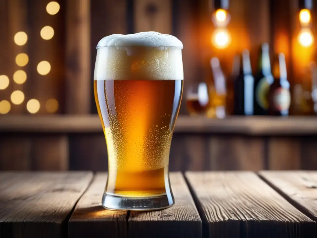 Detalle de burbujas de carbonatación en vaso de cerveza sobre mesa de madera rústica - agua cerveza