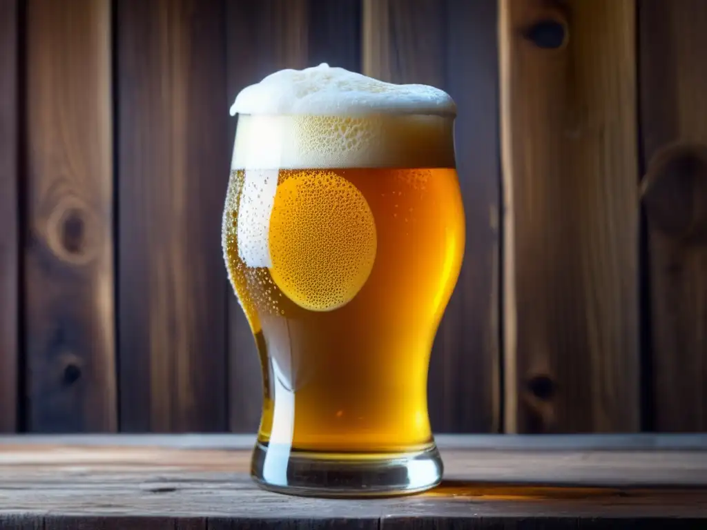 Cerveza dorada con espuma cremosa en vaso sobre mesa de madera