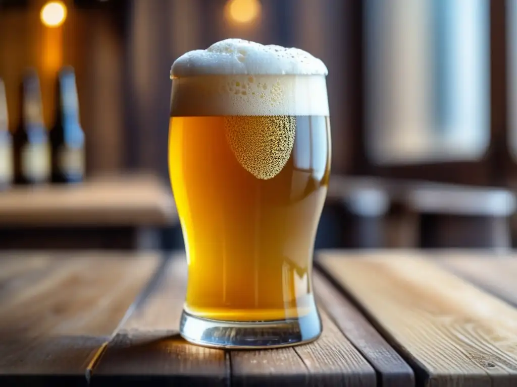 Cerveza dorada con espuma cremosa y condensación, evocando los Secretos del Lúpulo