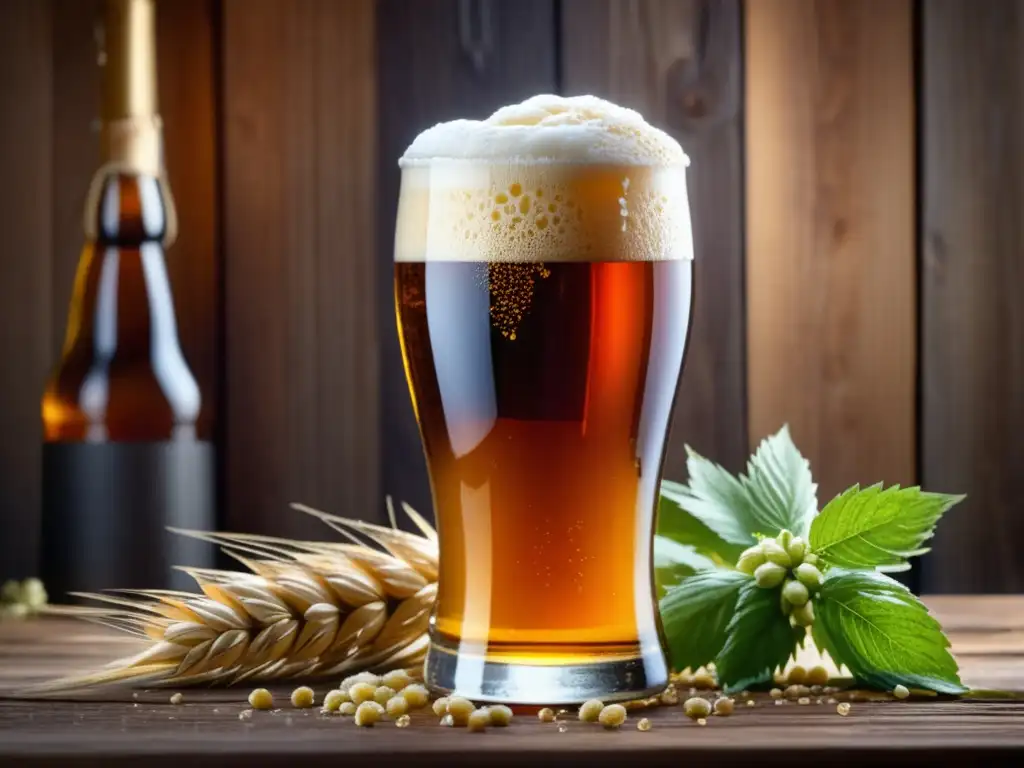 Cerveza dorada en vaso con espuma y ingredientes Cerveza ámbar con detalles de espuma, ingredientes y ambiente nostálgico