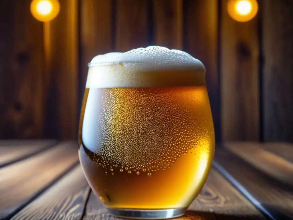 Cerveza dorada en vaso de vidrio Conoce la Tradición: Cerveza dorada y espumosa en un vaso de vidrio sobre una mesa de madera rústica