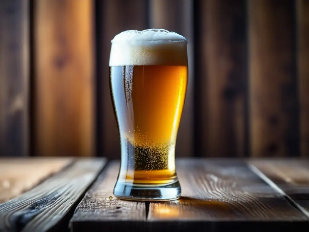 Cerveza dorada en vaso de vidrio Un vaso de cerveza dorada en una mesa de madera rústica con condensación
