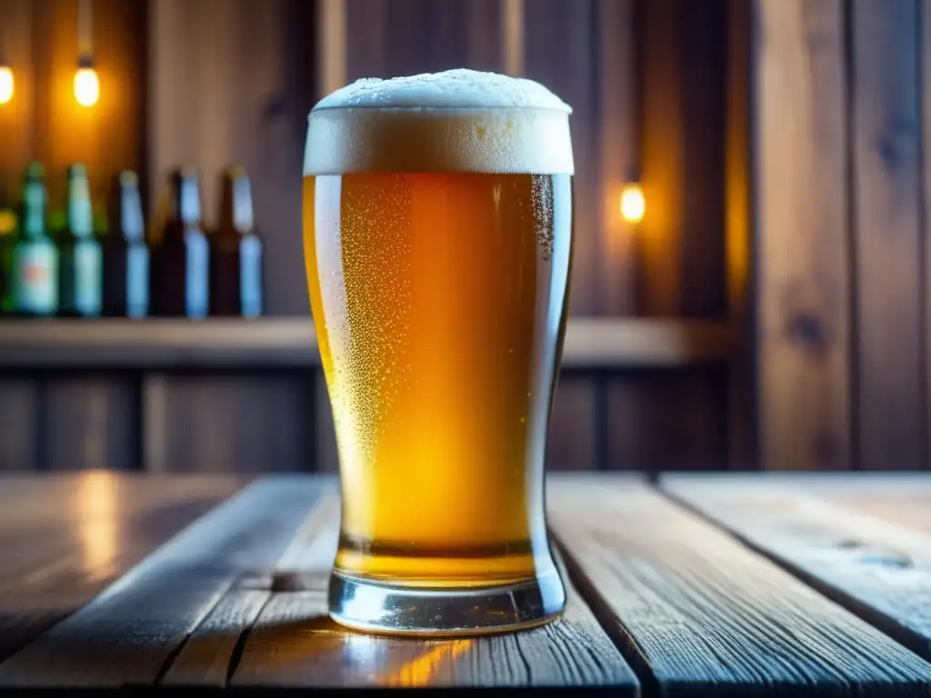 Cerveza dorada en vaso de vidrio con burbujas Cerveza dorada con burbujas, condensación y lúpulo fresco en mesa rústica