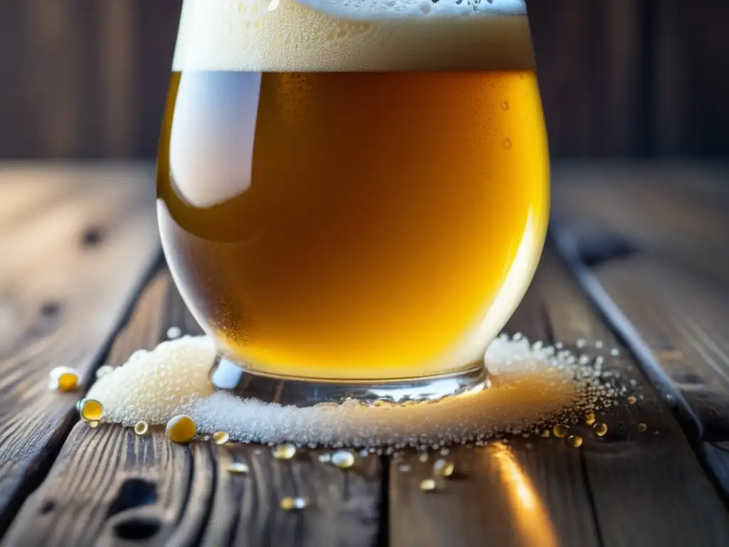 Cerveza dorada y burbujeante en mesa de madera Cerveza dorada y espumosa en una mesa de madera rústica