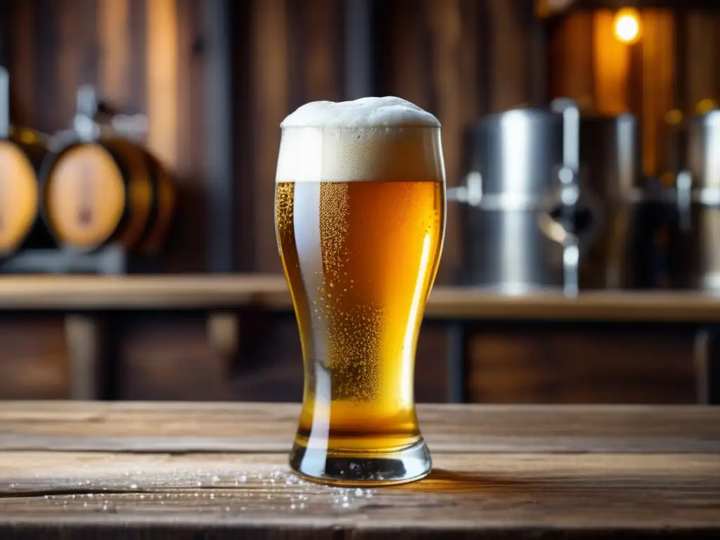 Cerveza dorada con burbujas en vaso de madera Una vista cercana de una copa de cerveza dorada y espumosa en una mesa de madera rústica
