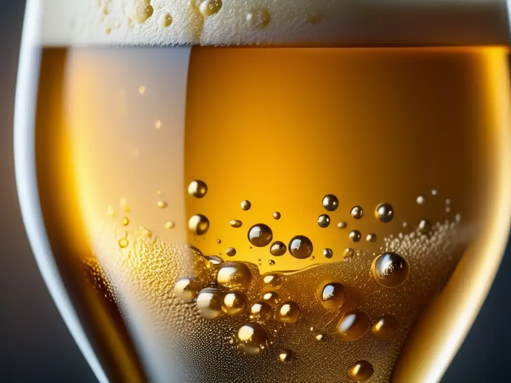 Vaso con cerveza dorada, burbujeante y detallada, reflejando luz ambiental