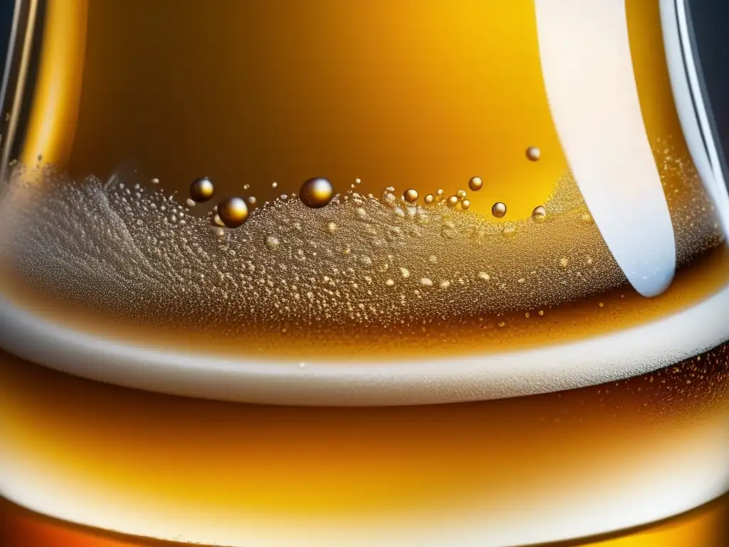 Cerveza Dry Hopped Lager con burbujas y detalle de lúpulo flotante