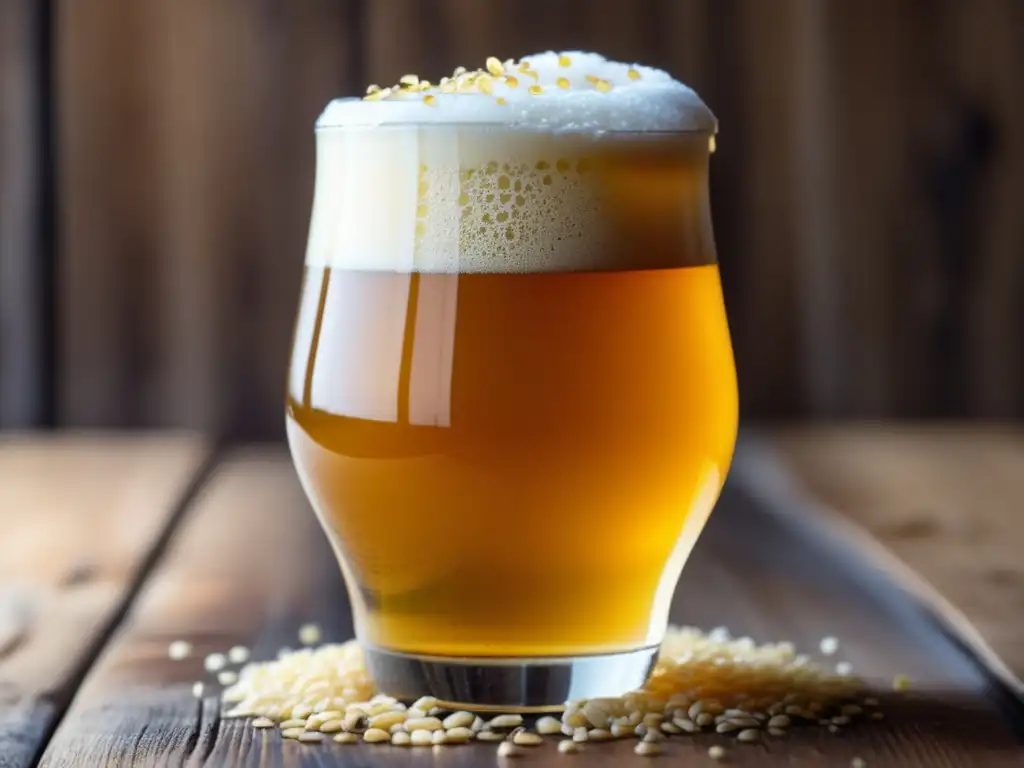 Cerveza Gose dorada y efervescente en vaso sobre mesa de madera rústica