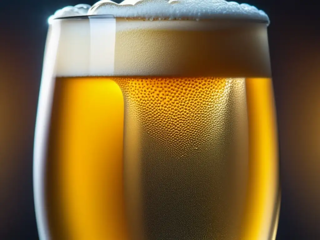 Glosario cervecero: Cerveza dorada efervescente en vaso, burbujas en ascenso, detalles auténticos, estética cautivadora
