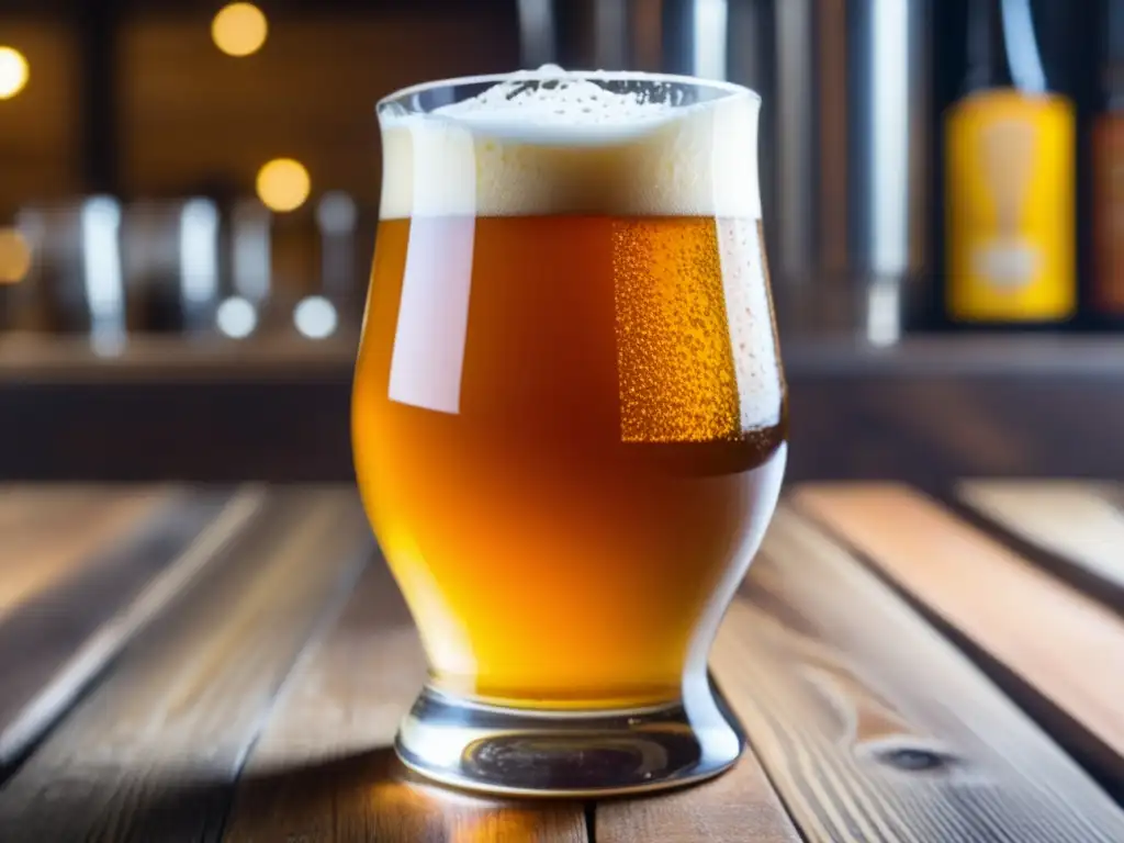 Cerveza ámbar con burbujas en vidrio Cerveza sour dorada carbonatada con ingredientes de brewing