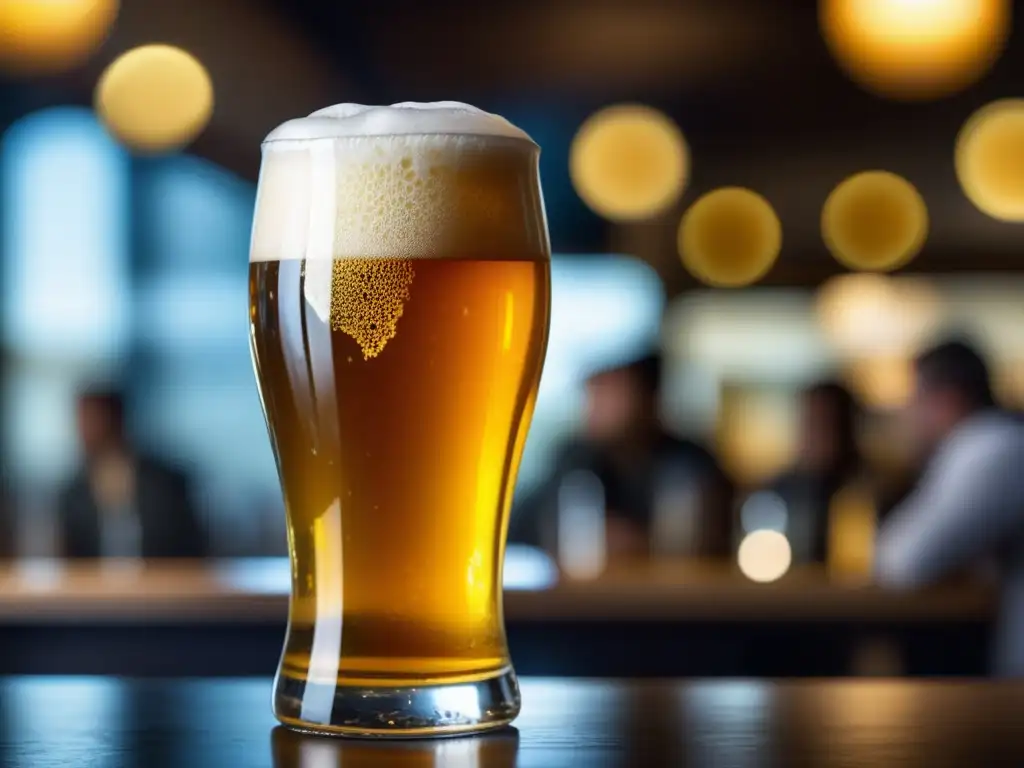 Evento de degustación: Detallada imagen de una cerveza dorada y espumosa, servida en un vaso cristalino, con burbujas y una espuma delicada