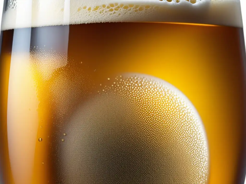 Cerveza dorada y burbujeante en vaso cristalino Una cerveza dorada y espumosa en una copa cristalina, con burbujas y condensación