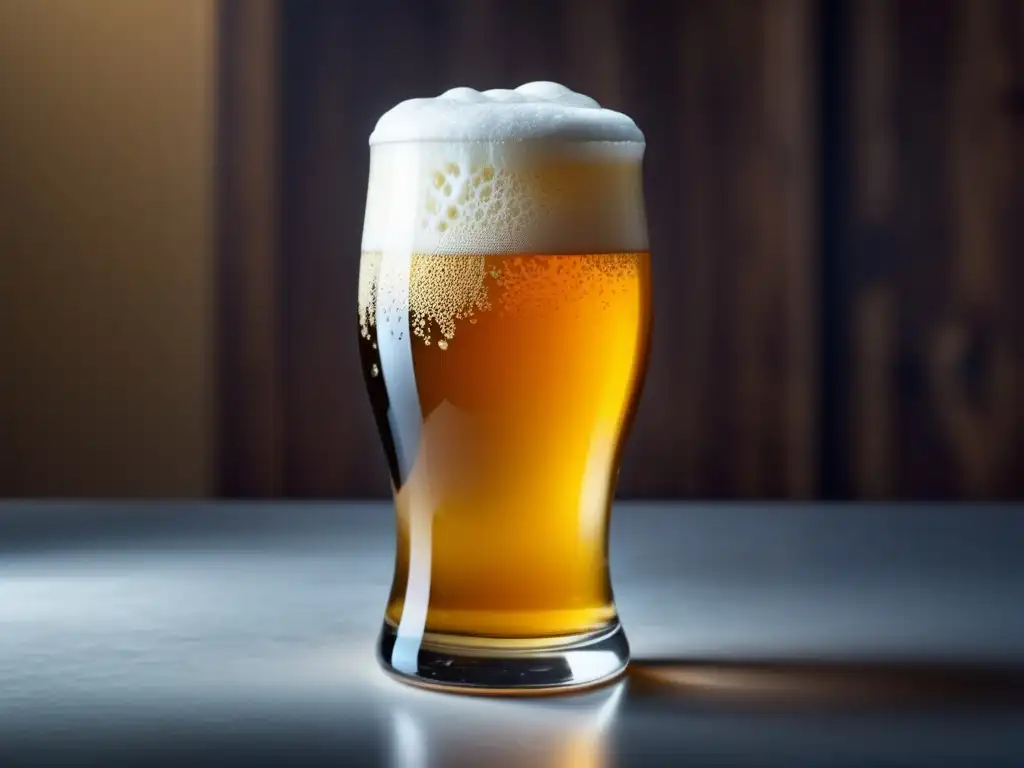 Detalle exquisito de una cerveza espumosa en un vaso de cristal Cerveza dorada con espuma blanca y burbujas, destaca estilos básicos