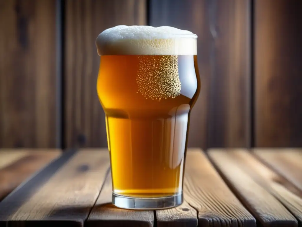 Detallada imagen de un vaso de cerveza dorada y espumosa en una barra de madera