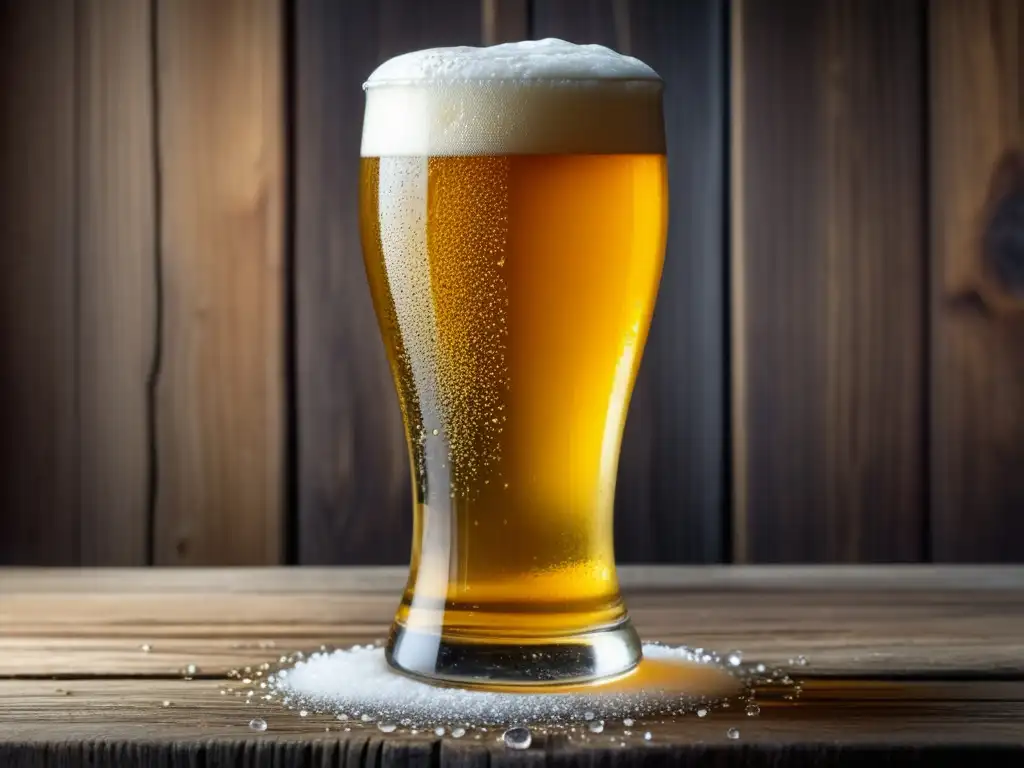 Cerveza dorada y cristalina en vaso de vidrio Detallada imagen de una cerveza dorada y cristalina en un vaso, con burbujas y espuma cremosa