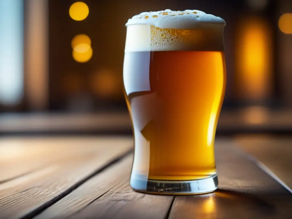 Cerveza dorada en vaso de cristal (50 caracteres) La Regla del Tercer Sorbo: Cerveza dorada y efervescente en vaso de vidrio, sobre una mesa de madera