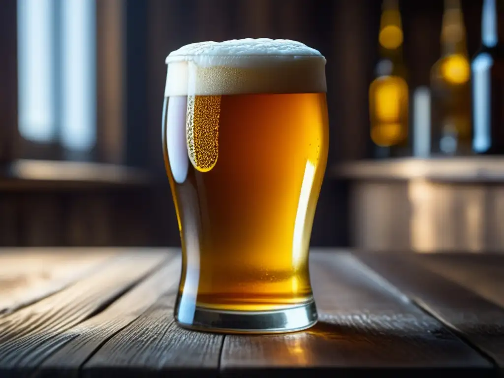 Glass filled with golden beer on rustic wooden table - Descargas Útiles