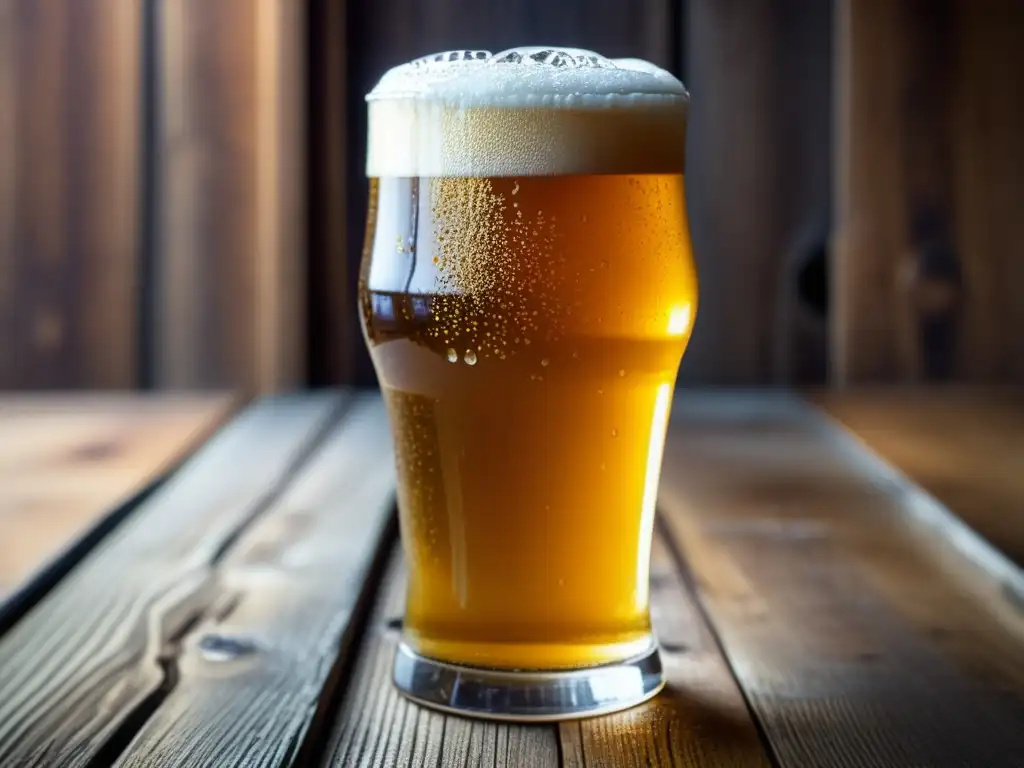 Cerveza dorada en un vaso de pintura Imagen detallada de una cerveza dorada en vaso con gotas de condensación y burbujas