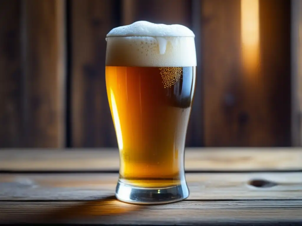 Detallada imagen de una cerveza dorada con espuma blanca en una mesa de madera rústica