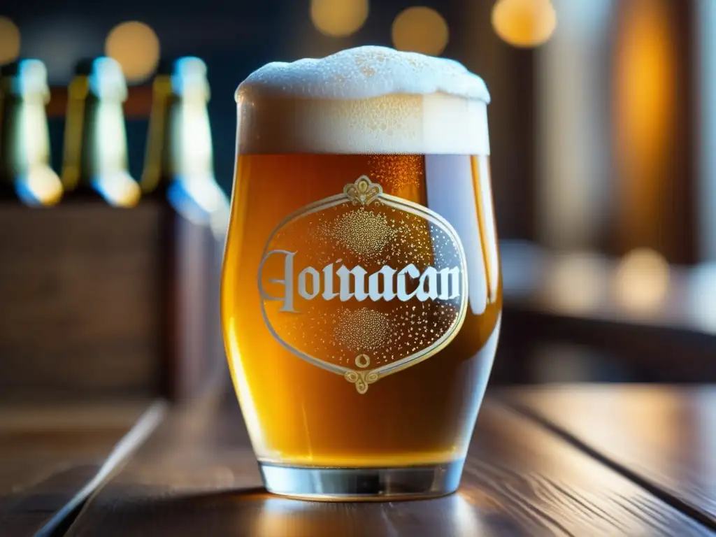 Cervezas Híbridas: Detallada imagen de una cerveza dorada con burbujas efervescentes y espuma blanca cremosa en una mesa de madera