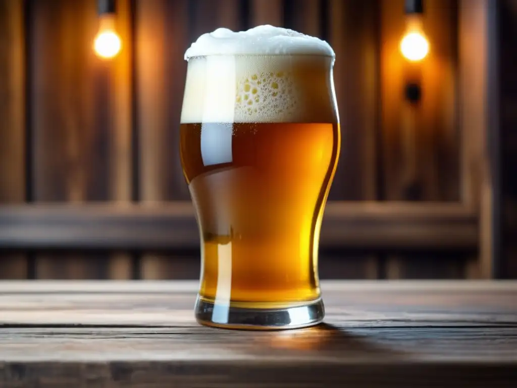 Cerveza dorada con espuma cremosa en un vaso sobre mesa de madera rústica