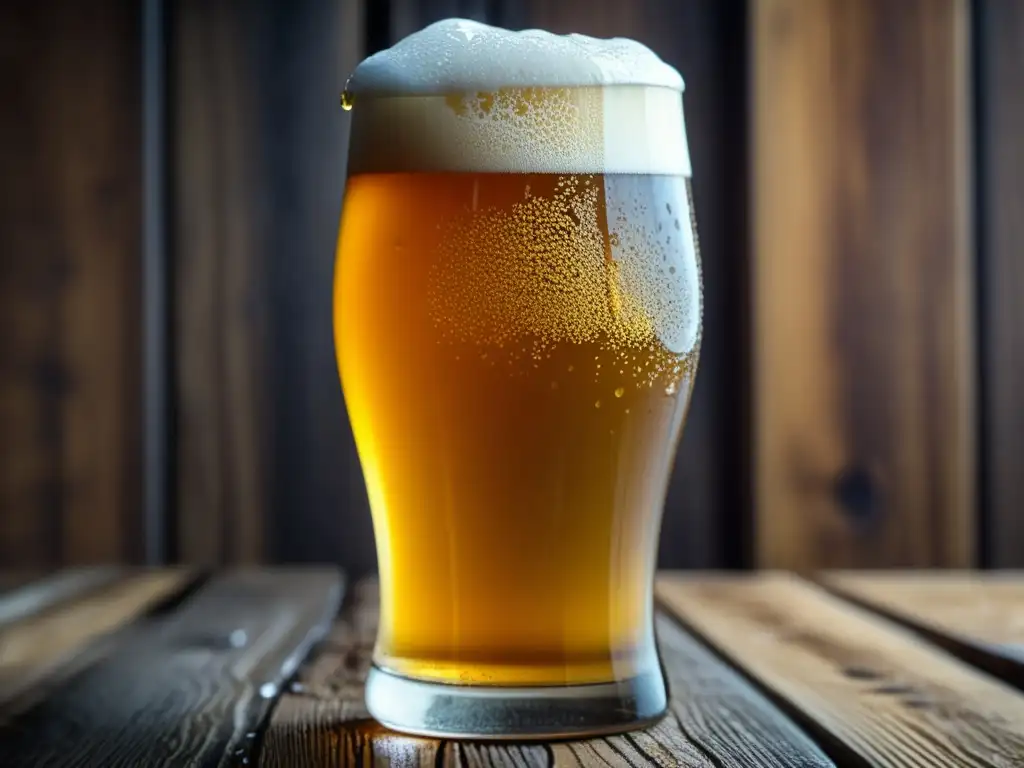 Una vista detallada de una copa de cerveza dorada y espumosa sobre una mesa de madera rústica