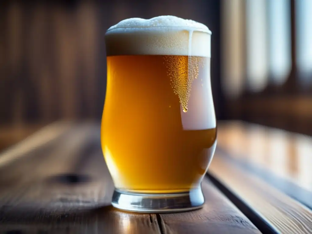 Cerveza dorada y espumosa en mesa de madera Visitando una cervecería: Detalle de una cerveza dorada y espumosa en una mesa de madera