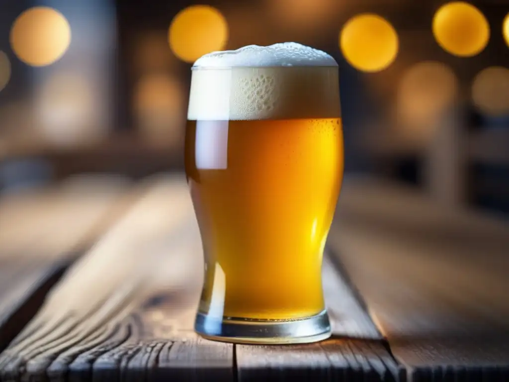 Cerveza dorada y espumosa en vaso de cristal Vidrio de cerveza dorada con espuma, en mesa de madera rústica