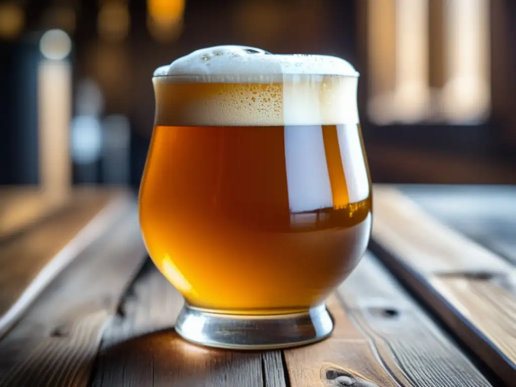 Cerveza belga dorada en copa de vidrio Cerveza belga dorada con espuma rica y burbujas, en una mesa de madera rústica