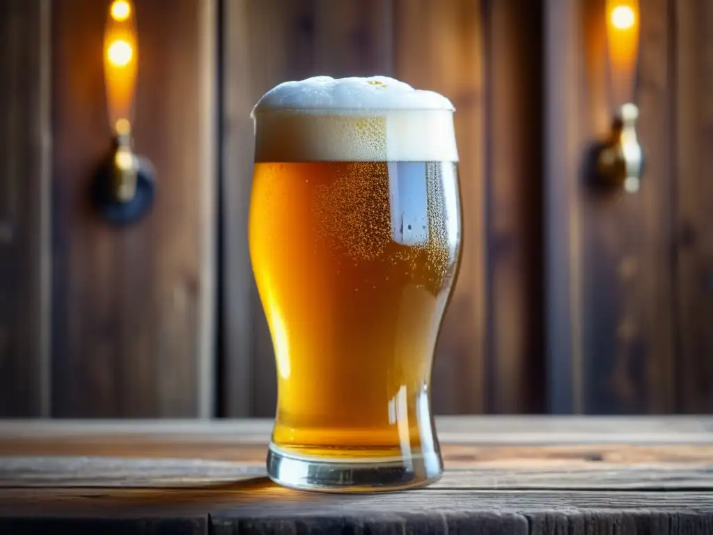 Cerveza dorada en vaso de madera Cervezas de Beneficio: Cerveza dorada con espuma abundante, servida en un vaso de cristal sobre una mesa de madera rústica, rodeada de lúpulo y cebada