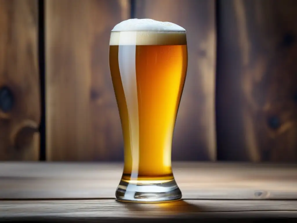 Cerveza dorada y burbujeante en mesa de madera Cerveza ancestral de documental con burbujas y espuma cremosa