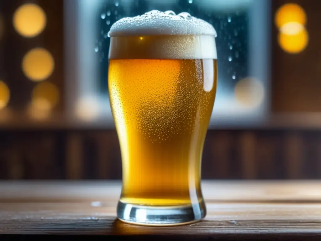 Cerveza dorada con burbujas y condensación en vaso Cerveza dorada con burbujas en vaso, detalle y elegancia