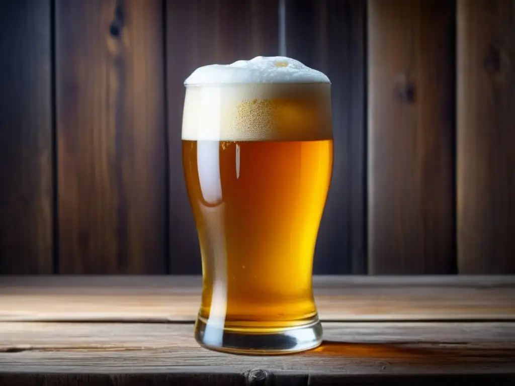 Cerveza dorada con espuma y condensación en mesa de madera - Tipos de fermentación
