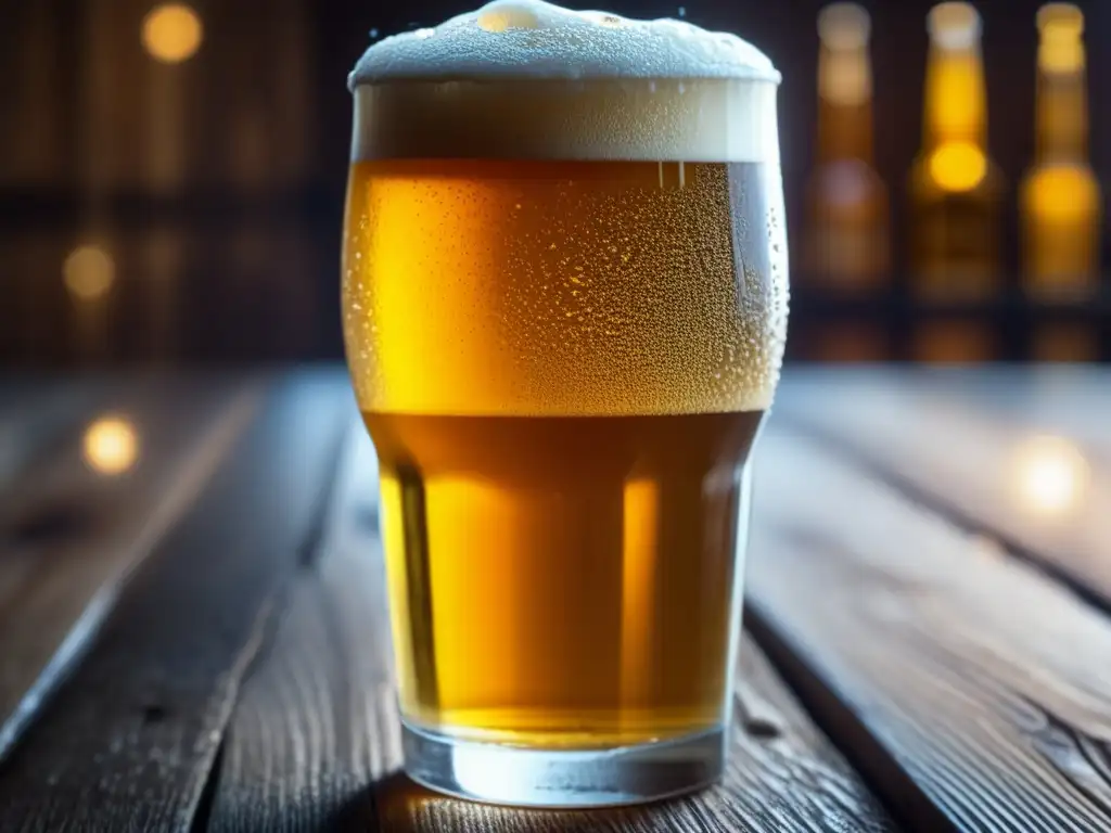 Imagen de un vaso de cerveza dorada y espumosa en una mesa de madera, con condensación brillante y burbujas hipnotizantes - Bares en Lyon