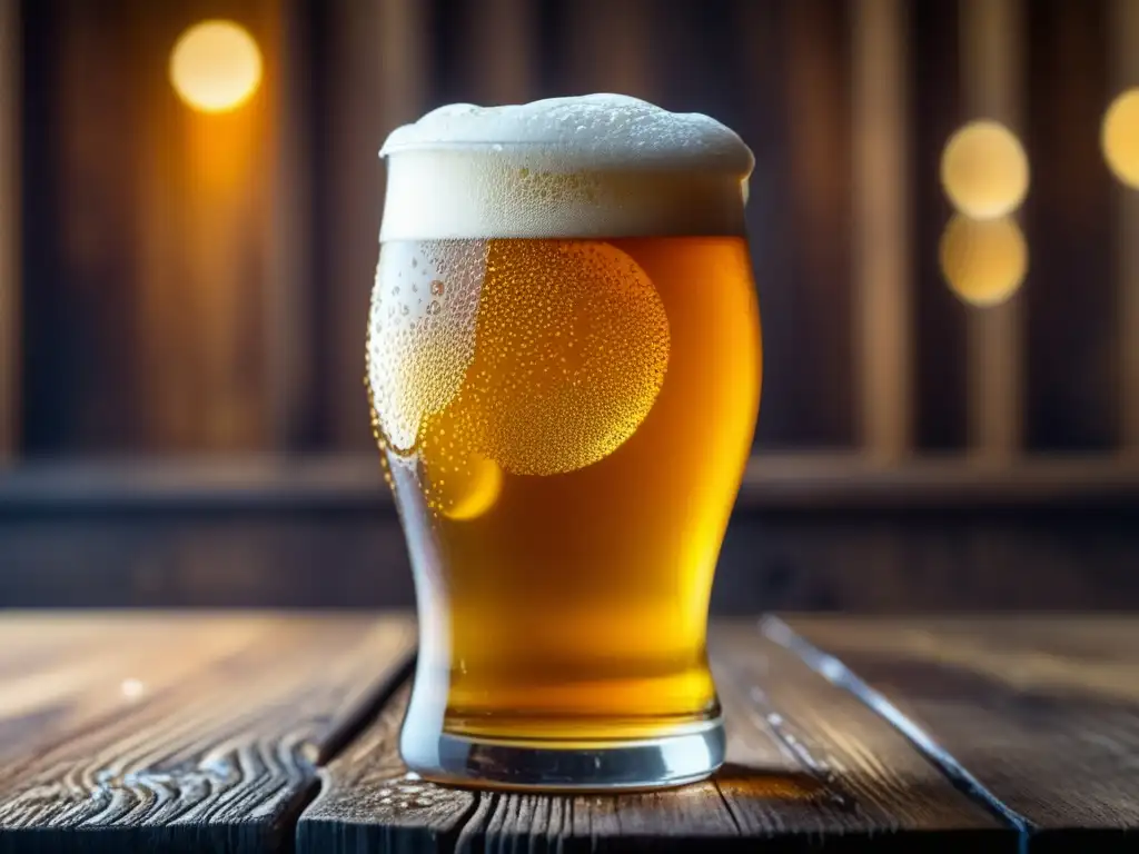 Pasión por las Ales: una imagen detallada de una cerveza ámbar en un vaso de vidrio sobre una mesa rústica