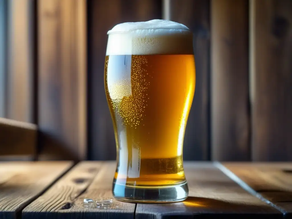Cerveza dorada en vaso de vidrio Cerveza dorada en vaso de cristal sobre mesa de madera rústica - Viajes a Austria