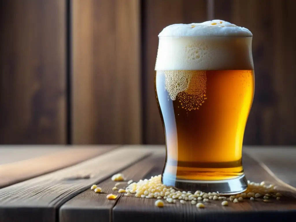 Cerveza dorada con burbujas, granos de malta y lúpulo