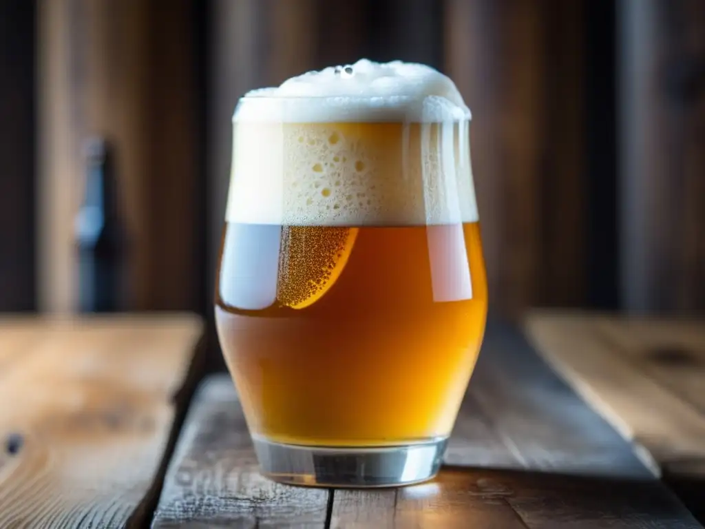 Cerveza Session IPA dorada en vaso, con espuma blanca y burbujas, en una mesa de madera rústica
