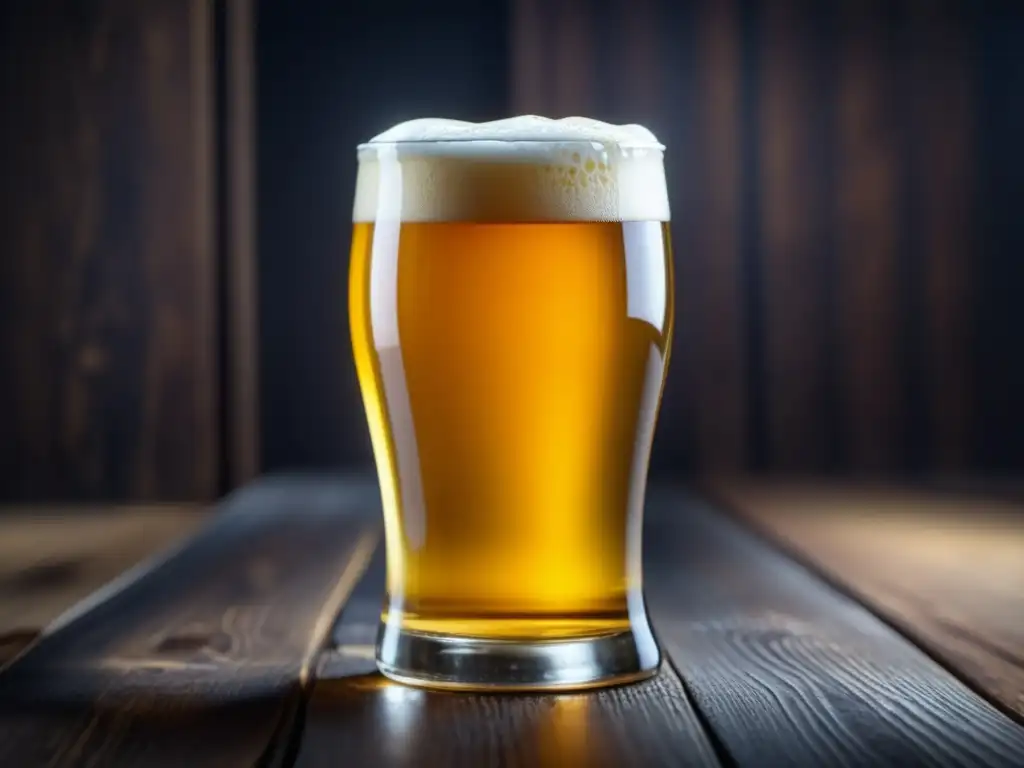 Cerveza dorada y transparente con filtrado innovador en una mesa de madera oscura