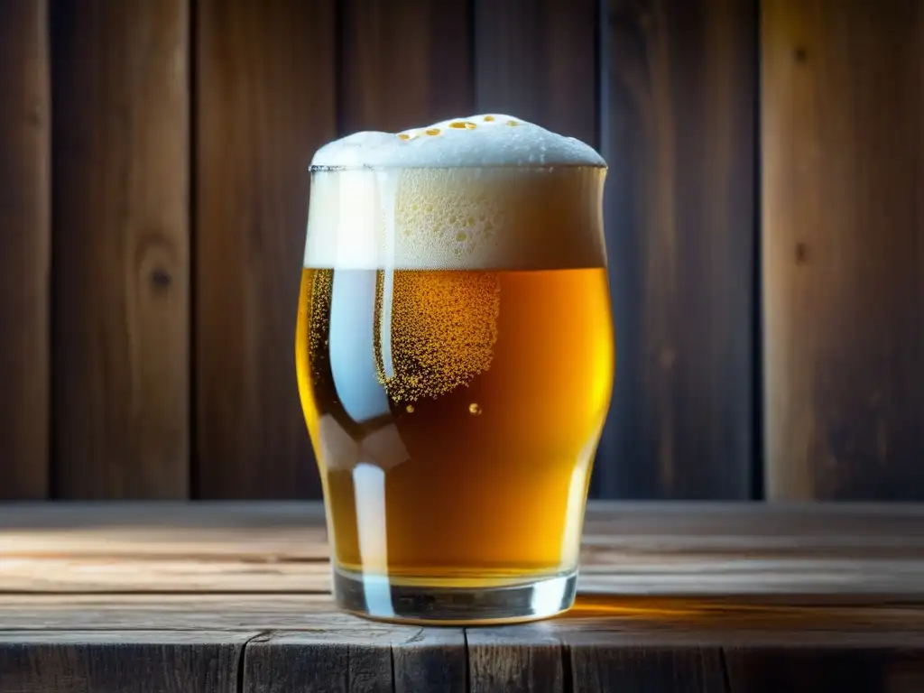 Cerveza dorada y efervescente en una mesa rústica Cerveza dorada con espuma cremosa y burbujas, en mesa de madera rústica - Consejos de expertos