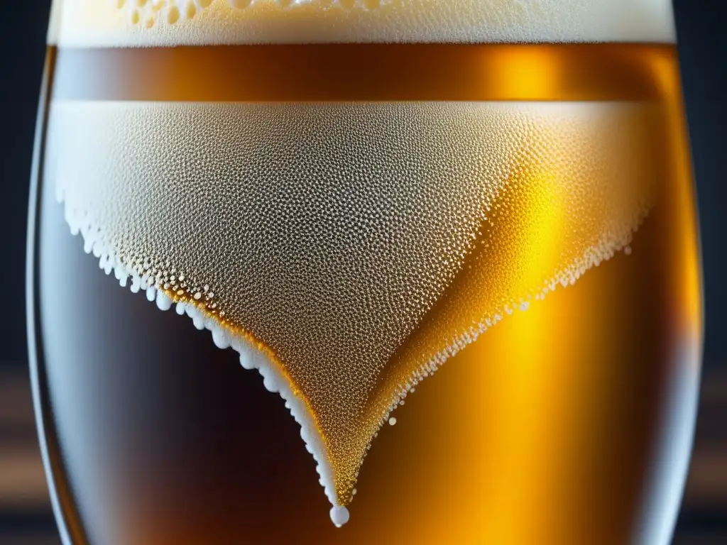 Vista en detalle de una cerveza dorada en vaso elegante con burbujas y textura, Rueda de sabores
