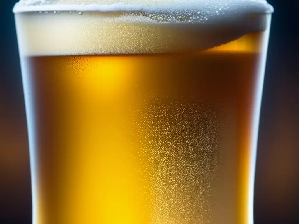 Cerveza dorada en vaso helado Vaso de cerveza helada con burbujas y condensación, detalle en alta definición
